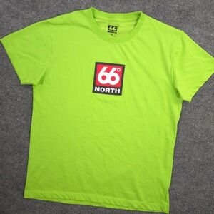 66°North Klambratun T Shirt Mens M Lime Green Big Logo Organic Cotton Crewneck